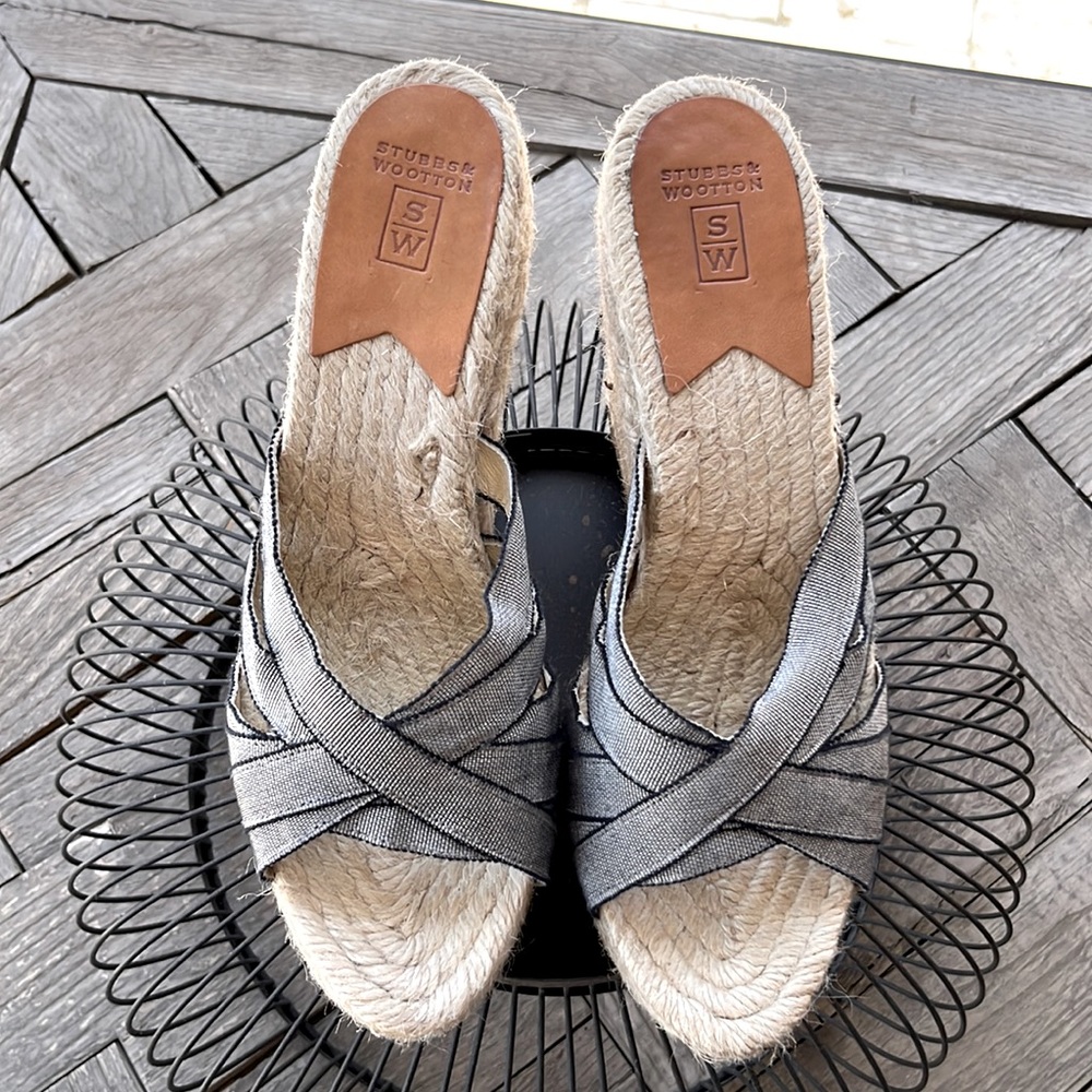 Stubbs & Wooten grosgrain ribbon wedge sandals